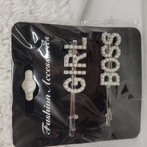 Pearl encrusted silvertone Girl/Boss barrettes